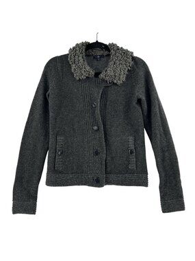 Gap Wool Cardigan Womens XS Button Up Gray Faux Fur Collar Cardigan Sweater